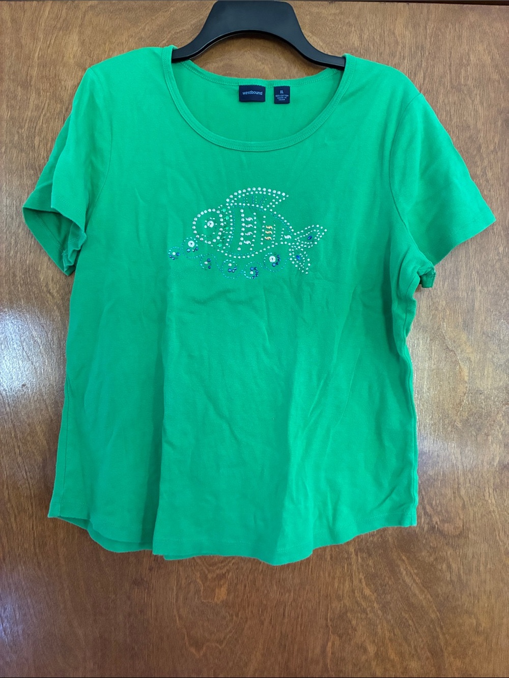 Westbound Green Short Sleeve Tee with Fish Rhinestone Accent